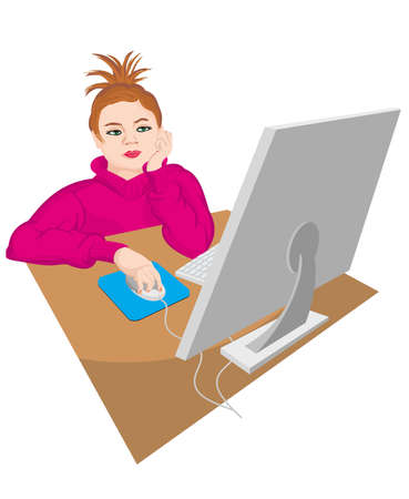 The girl who is carrying out home lessons behind the computerのイラスト素材