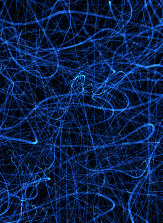 Against a black background Chaos from blue lines.の写真素材