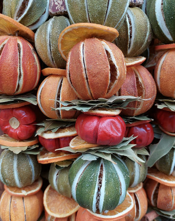 Christmas decoration made of fragrant dried strung fruits.の写真素材