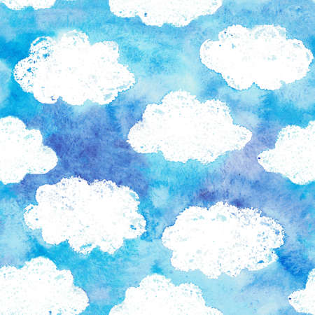 White clouds in a blue sky. seamless watercolor backgroundの写真素材