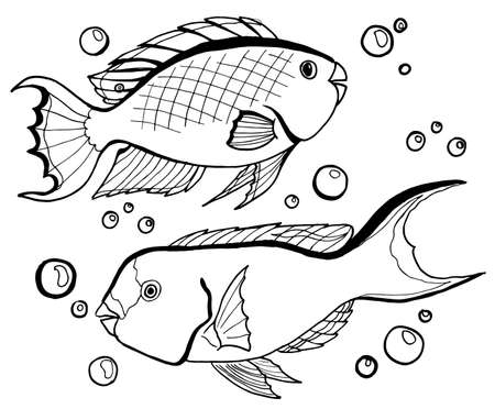vector illustration black and white sea fish and bubblesのイラスト素材