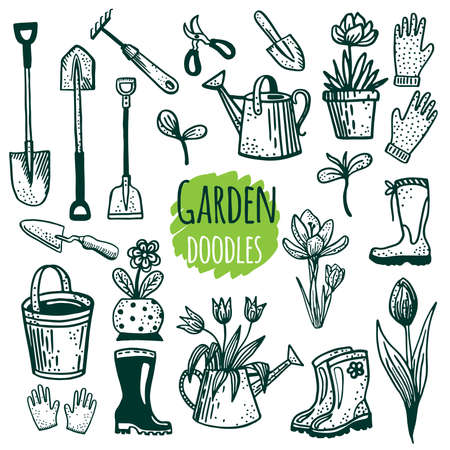 Doodle garden tools set. Spring cares in the garden. Hand drawn collection: rubber boots, work gloves, shovels, rakes, watering cans, pruning shears, pots, flowers, seedlings, tulip - vectorのイラスト素材