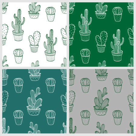 Set of seamless patterns with doodle cactiのイラスト素材