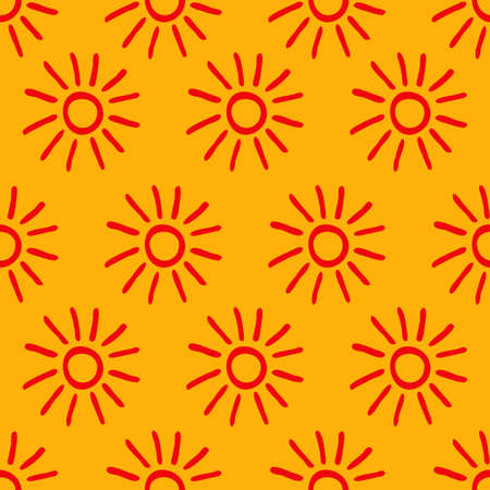 Seamless pattern with hand drawn doodle suns on yellow backgroundのイラスト素材
