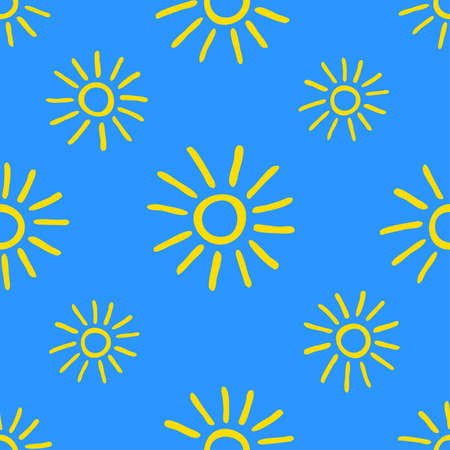 Seamless pattern with hand drawn yellow doodle suns on blue background.