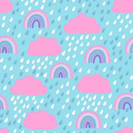 Childrens seamless pattern with rain, clouds and rainbowのイラスト素材