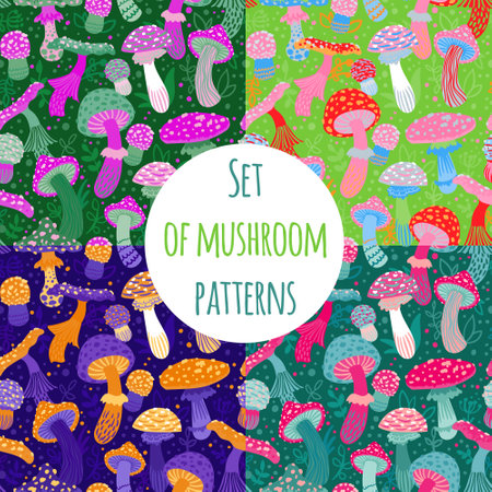 Colorful pop art mushrooms seamless pattern vector. Set of four stylized patterns with mushrooms. Colorful mushrooms, leaves and dotsのイラスト素材