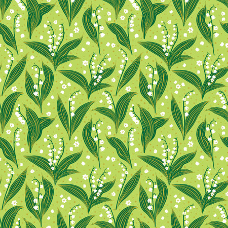 Vector seamless spring pattern of stylized lilies of the valley on a light green backgroundのイラスト素材