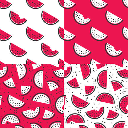 A set of four seamless vector patterns with slices of watermelon in white, rich pink and dark gray colors. White slices of watermelon on a rich pink background, red slices of watermelon on white. Summer printsのイラスト素材