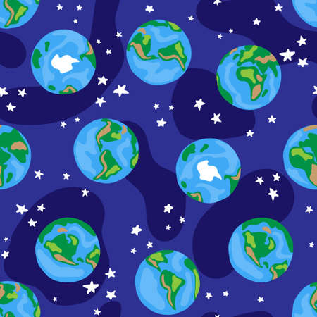 Seamless vector pattern of different hemispheres of the Earth in space among the stars. Stylized illustration, childrens casual style. The sides of the earth, different continents.のイラスト素材