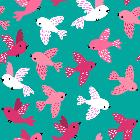 Seamless pattern with cute birds in a hand-drawn style. Pink and white birds fly on a turquoise background. The history of children. For childrens room, for fabric, clothing, packaging paperのイラスト素材