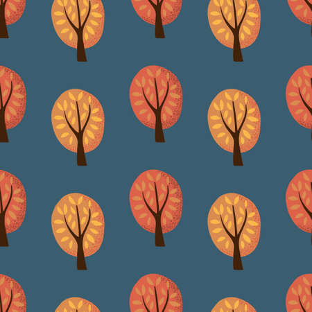 Autumn illustration - yellow, red trees in a park or forest. Seamless vector background, elements on a dark blue background. Simple style, minimalism. For children, childrens clothing, fabricのイラスト素材