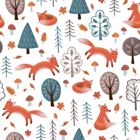 Seamless pattern of red foxes in the forest, leaves and mushrooms. Stylized cute foxes on a white background. A great print for children, interior design, gift packaging, fabricsの写真素材