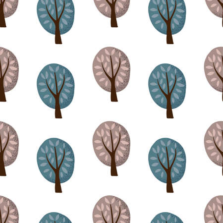 Stylized illustration - blue and lilac trees in a park or forest. Seamless vector background, elements on a dark blue background.Simple style, minimalism. For children, childrens clothing, for fabricのイラスト素材