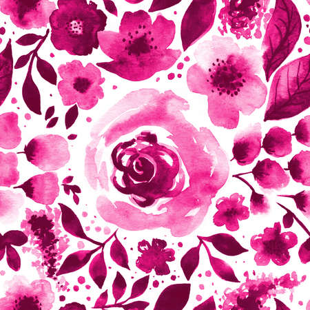 Beautiful seamless floral pattern. Vintage floral pink background. Watercolor painting. For fabric decoration, interior decoration, wallpaper printing. Spring illustrationの写真素材