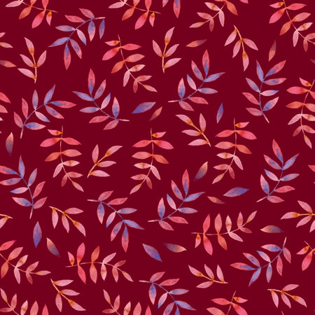 Design with floral seamless watercolor pattern. Hand-drawn pink, red, blue, purple leaves on a burgundy background. Plant themes. Great for scrapbooking, packaging, textilesの写真素材
