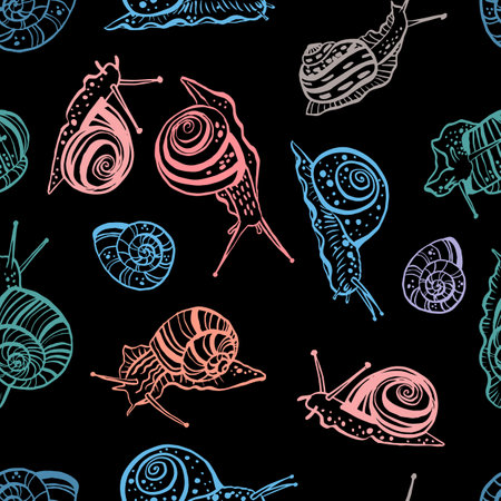 Seamless vector pattern of multicolored snails on a black background. Spiral clam shells in pastel tones, a simple graphic silhouette. In a flat style.Template for wallpaper, fabric, packaging, designのイラスト素材