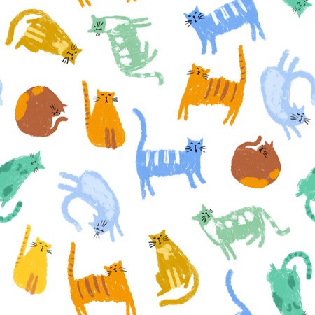 Seamless pattern with cute funny cats in different poses. Multi colored cats drawn with pencil or chalk on a white background. Delicate shades. Cats sleep, walk, sit. Illustration in childrens styleの写真素材