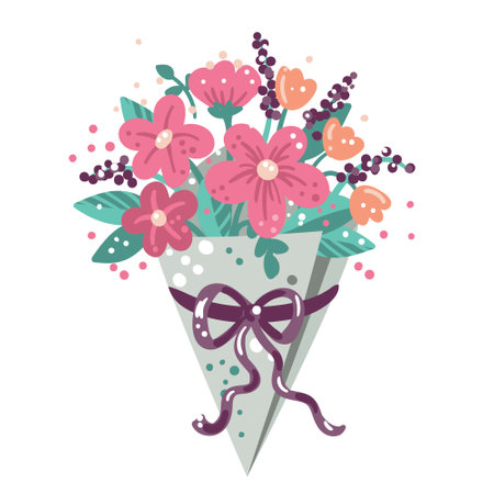 Vector illustration isolated on a white background. Hand-drawn bouquet of flowers in paper packaging. Modern flat animated style. Decorative illustration for a congratulatory postcard,holiday,birthdayのイラスト素材