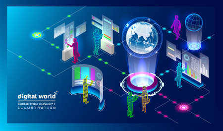 3d isometric concept illustration with people in glitch style