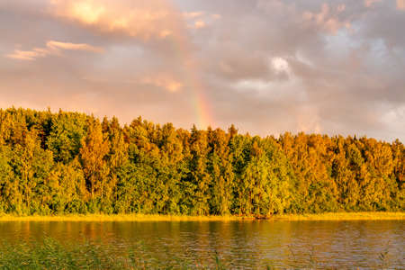 Rainbow over the lake and forest at sunset on a summer dayの写真素材