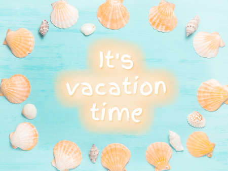 Blue sea background with seashell border and text Its Vacation Time, summer holidays and vacation time conceptの写真素材