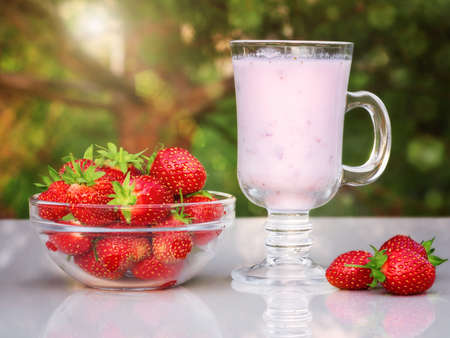 Fresh ripe strawberries in a bowl and iogurt on a white table outdoors on a summer dayの写真素材
