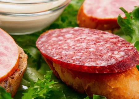 Several sandwiches with sausage and salami and sauce on a plate, close up