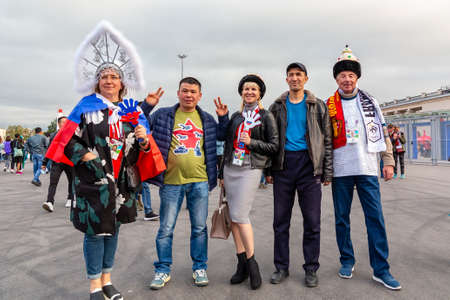 St. Petersburg, Russia - July 10, 2018: fans of different countries are photographed before the match World Cup 2018のeditorial素材