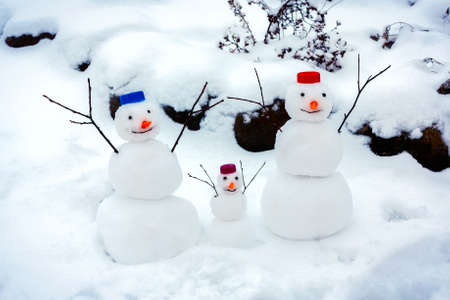 Family of cheerful snowmen rejoice at the arrival of winter and the first snowの写真素材