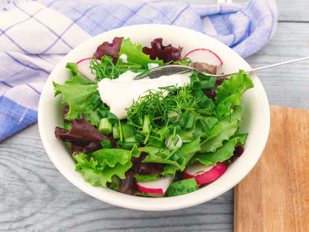 Summer vegetable salad with sour cream in a white bowl on a wooden table close-upの写真素材