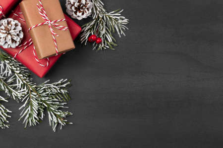 Christmas composition, blank for design - gifts and decorations on a textured background, copy space, place for textの写真素材