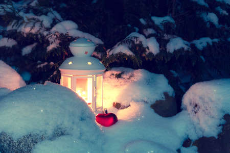 Lantern with a burning candle under a snow-covered Christmas tree in the courtyard of the house in the snowdriftsの写真素材