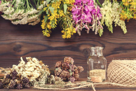 Drying and harvesting of medicinal herbs, homeopathy and alternative medicine conceptの写真素材