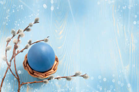 One blue egg in a wicker stand on a blue wooden table with pussy-willow twigs - blank for design or greeting card, place for text, copy spaceの写真素材