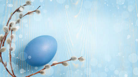 One blue egg on a blue wooden table with pussy-willow twigs - horizontal blank for design or greeting card, place for text, copy spaceの写真素材