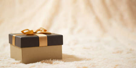 Beautiful golden box on a beige fur blanket. Surprises, gifts, bonuses, discounts concept. Blank for advertising or design, copy spaceの写真素材