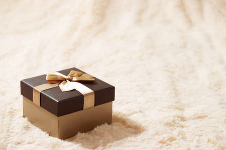 Beautiful golden box on a cream fur blanket. Gifts, bonuses, discounts concept. Blank for advertising or design, copy space.の写真素材