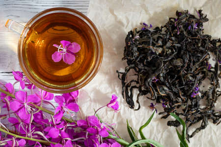 Herbal tea made from fireweed known as blooming sally in cup, top viewの写真素材