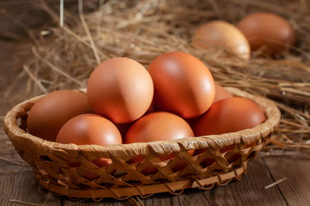Fresh brown chicken eggs in a basket and in a nest from hay in a barn
