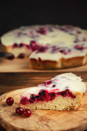 Homemade cake with cranberries and sour cream. Piece of pie close up. Vertical imageの写真素材