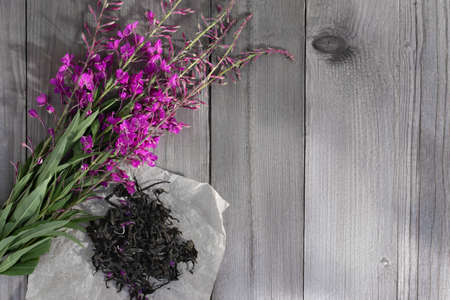 Herb is fireweed known as blooming sally and fermented dry tea, copy spaceの写真素材