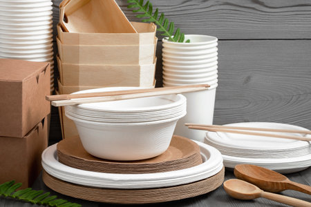 Various Eco friendly tableware made from natural, recyclable materials. Environmental protection and waste reduction conceptの写真素材