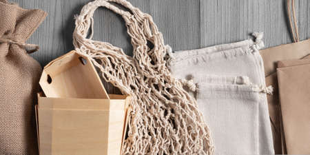 Various Eco friendly packaging made from natural recyclable materials. Environmental protection and waste reduction concept, top view, flat layの写真素材