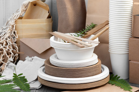 Eco friendly packaging and dishes made from natural recyclable materials. Environmental protection and waste reduction conceptの写真素材