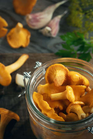 Preserving chanterelle mushrooms in a jar with spices and herbs. Pickling wild edible mushrooms. Vertical imageの写真素材