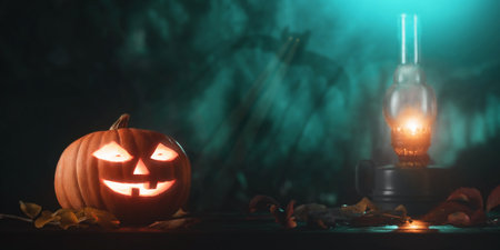 Halloween pumpkin head jack lantern with glowing eyes and kerosene lamp on wooden tableの写真素材
