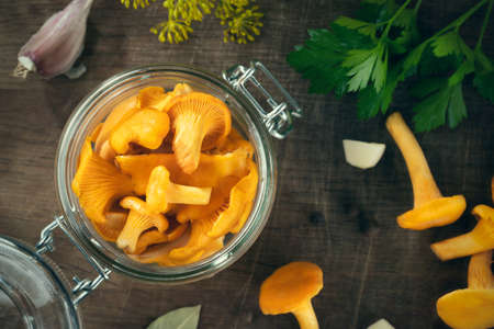 Preserving chanterelle mushrooms in a jar with spices and herbs. Pickling wild edible mushrooms. Flatlay, topview.の写真素材