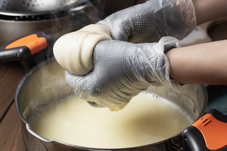 Making mozzarella cheese. Pulling out the cheese clot after heating in wheyの写真素材