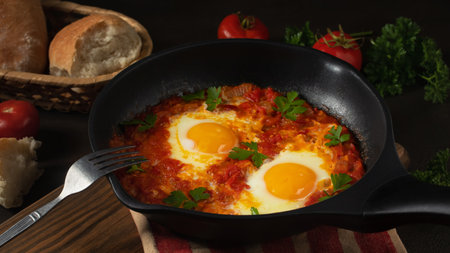 Shakshuka from two eggs in tomato sauce with fresh tomatoes, spices and herbs in a black frying pan. Close-up scrambled eggsの写真素材